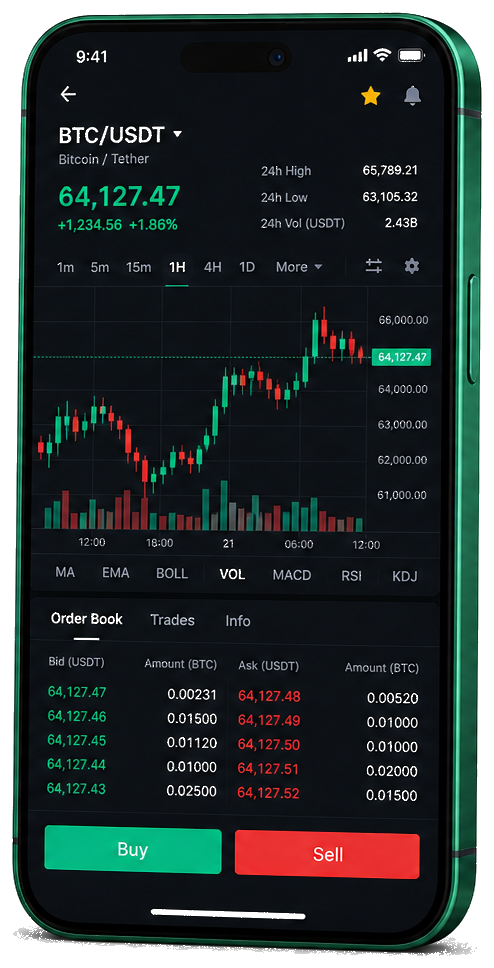 Syntrade AI plataforma de negociação móvel — gráfico BTC/USDT ao vivo, carteira de pedidos e interface de compra/venda
